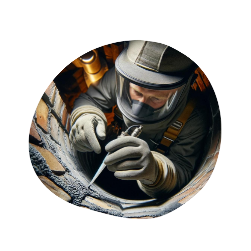 A worker wearing a protective helmet and respirator meticulously applies sealant to seal cracks within the brick-lined interior of a chimney flue, focusing intently on the task with a caulk gun in hand, illuminated by soft light filtering down from above