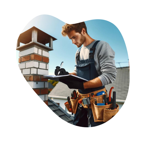 A technician with curly hair and a focused expression is conducting a chimney inspection on a residential rooftop. He is dressed in a grey long-sleeved shirt with a blue apron over it, and a tool belt around his waist filled with various tools. In his hands, he holds a clipboard and a pen, taking notes. The chimney, partially constructed of red and white bricks, stands to his left, while the background features a clear blue sky, indicating favorable weather conditions for outdoor work