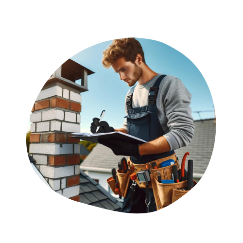 A technician with curly hair and a focused expression is conducting a chimney inspection on a residential rooftop. He is dressed in a grey long-sleeved shirt with a blue apron over it, and a tool belt around his waist filled with various tools. In his hands, he holds a clipboard and a pen, taking notes. The chimney, partially constructed of red and white bricks, stands to his left, while the background features a clear blue sky, indicating favorable weather conditions for outdoor work.