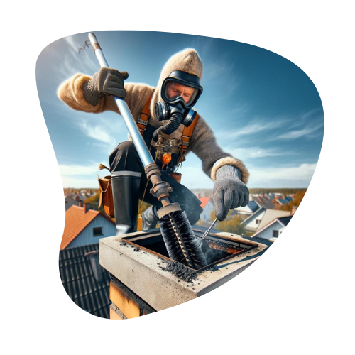 A chimney sweep in protective workwear is cleaning the chimney on a rooftop. They are wearing a furry hat and a filter mask for safety, with a clear blue sky and suburban houses in the background. The sweep is using a long metal brush, illustrating a blend of traditional and modern chimney maintenance techniques."