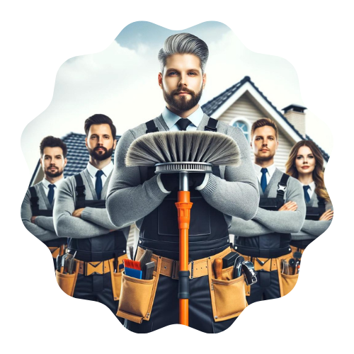 A team of confident chimney service professionals stands ready for duty. The lead technician in front holds a chimney sweep brush, symbolizing their expertise. Each team member wears a uniform of a grey sweater, tie, and tool belt, projecting a mix of professionalism and preparedness. The residential setting with homes in the background underscores their service domain