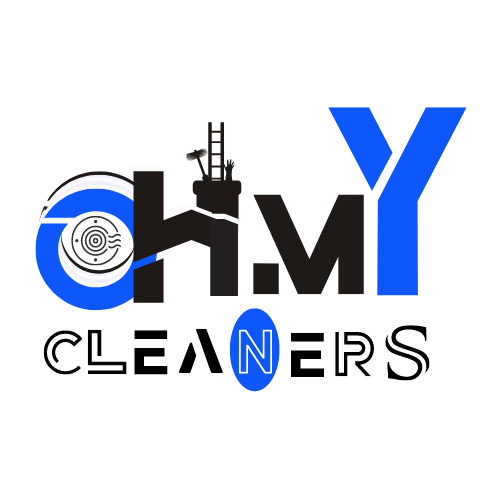 The logo for Oh My Cleaners, showcasing the letters 'OHMY' in bold blue, with the 'O' designed to resemble a sweeping brush and a chimney, and the 'Y' incorporating a rooftop and chimney outline, representing comprehensive chimney and air duct cleaning services in Omaha, available at ohmycleaners.com.