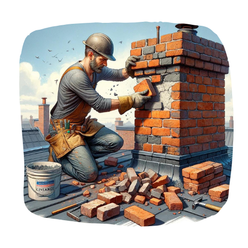 A mason in a grey shirt and denim jeans repairing a brick chimney, with old bricks scattered around on the rooftop.